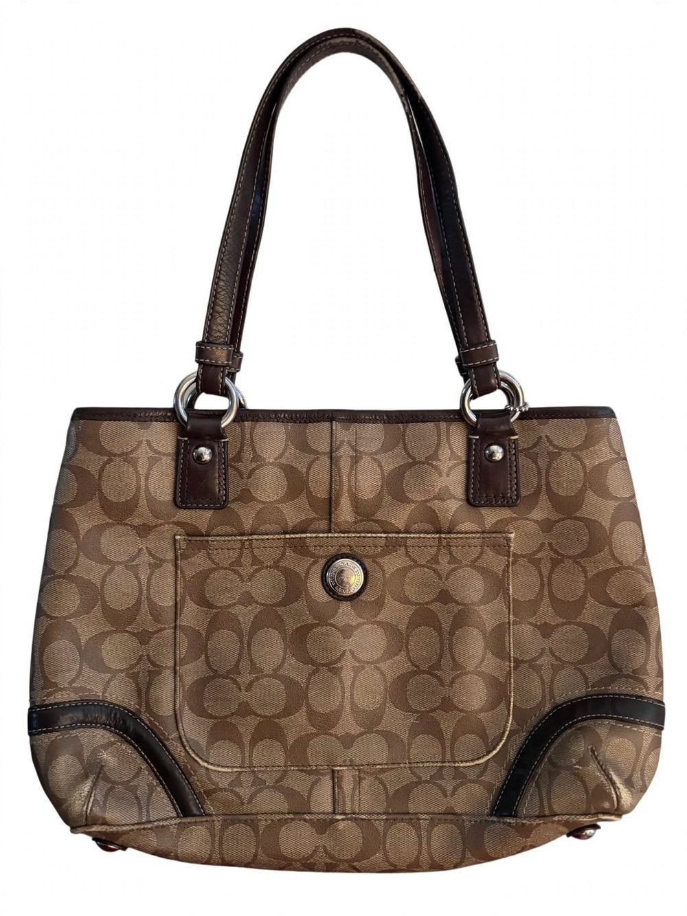 Coach Brown Signature Canvas Tote with Dark Brown Leather Trim